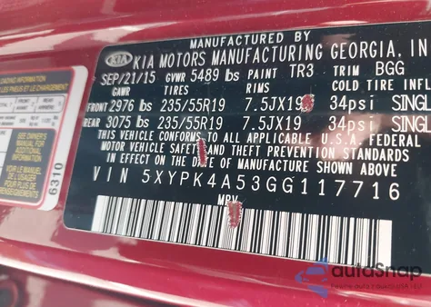 2016 Kia Sorento 3.3L Sx from USA, damaged, VIN 5XYPK4A53GG117716